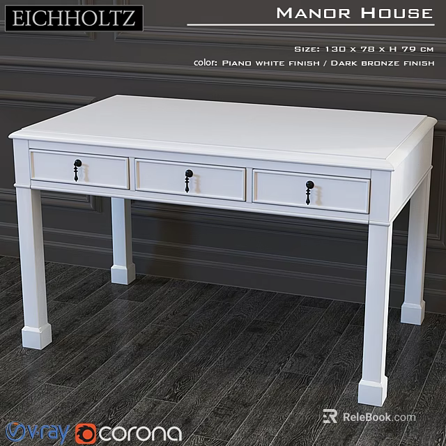 Piano White Finish Dining Table With Dark Bronze Handles And Three Drawers On Dark Floor 3d model 