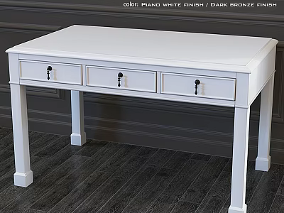 Piano White Finish Dining Table With Dark Bronze Handles And Three Drawers On Dark Floor 3d model