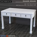 Piano White Finish Dining Table With Dark Bronze Handles And Three Drawers On Dark Floor