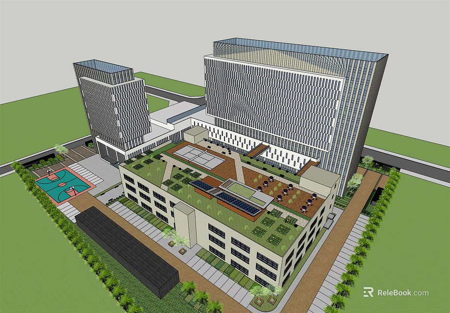 Modern Twin Office Buildings Featuring Green Roof And Landscaped Courtyard 3d model 