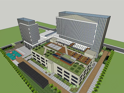Modern Twin Office Buildings Featuring Green Roof And Landscaped Courtyard 3d model