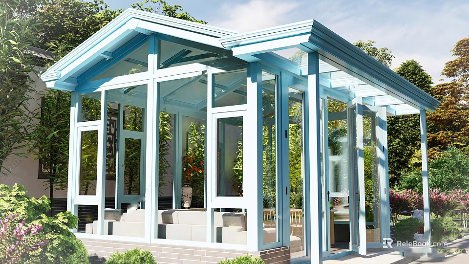 Modern Villa Balcony With Glass Structure And Surrounding Green Plants 3d model 