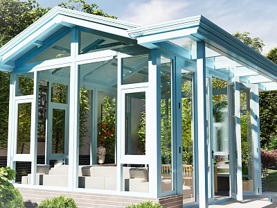 Modern Villa Balcony With Glass Structure And Surrounding Green Plants 3d model