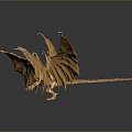 Detailed Golden Flying Dragon Sculpture With Expanded Wings On Dark Gray Background And Reflection