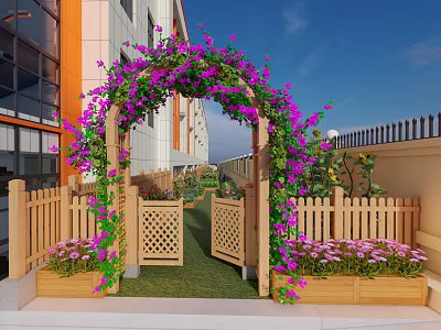 Garden Entrance Gate Archway Adorned With Purple Flowers Green Vines And Wooden Fence 3d model