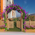 Garden Entrance Gate Archway Adorned With Purple Flowers Green Vines And Wooden Fence