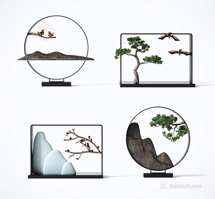 Chinese Style Decorative Ornament Combination With Mountain Tree Bird And Round Square Frames 3d model