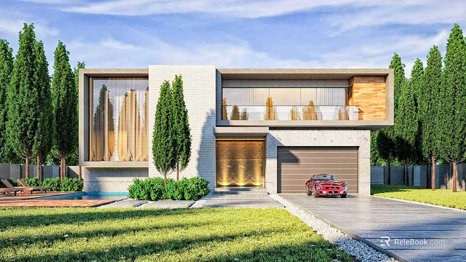 Modern Two Story Detached Villa With Large Windows Wooden Elements Garage Red Car And Lawn 3d model 
