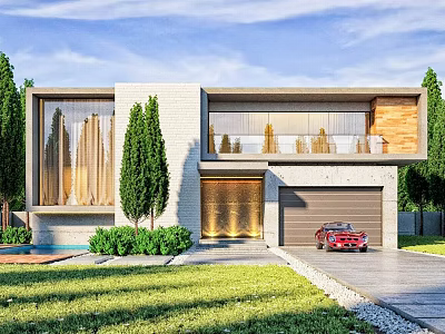 Modern Two Story Detached Villa With Large Windows Wooden Elements Garage Red Car And Lawn 3d model
