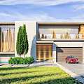 Modern Two Story Detached Villa With Large Windows Wooden Elements Garage Red Car And Lawn