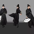 Man in Traditional Black Robe Posing Dynamically with Fan Against Gray Background 3d model