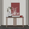 Traditional Chinese Console Table With Red Decorative Painting White Vase Branches And Red Box