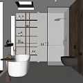 Modern Bathroom Interior With Freestanding Bathtub Glass Shower Open Wooden Shelves And Stone Walls