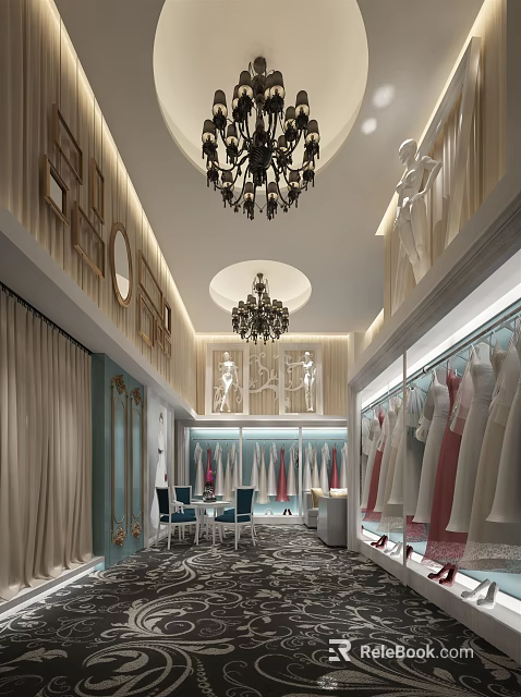 Luxurious Bridal Shop Interior With Wedding Dresses Chandeliers Mirrors And Chairs 3d model 