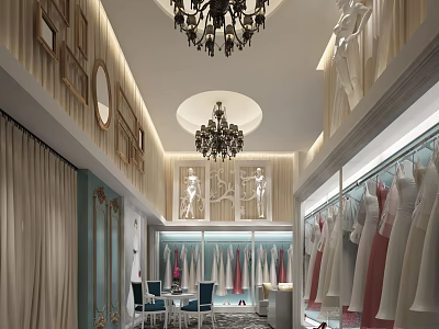 Luxurious Bridal Shop Interior With Wedding Dresses Chandeliers Mirrors And Chairs 3d model
