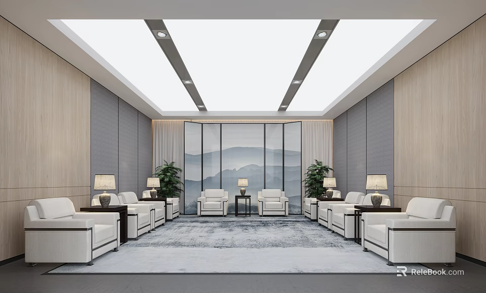 Modern Hotel Public Lounge Interior With White Sofas Coffee Tables And Floor To Ceiling Windows 3d model