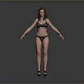 Woman in Black Bikini and Sandals with Arms Naturally Spread Standing Against Gray Background