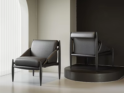 Modern Black Leather Accent Chair In Minimalist Interior With White Blinds And Dark Wall 3d model