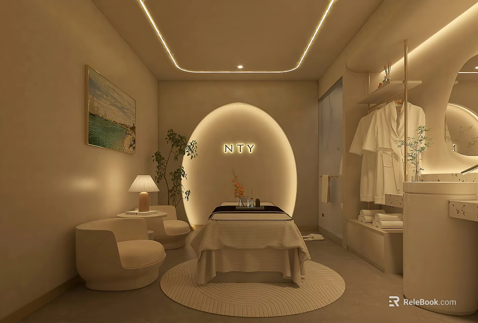 SPA Sauna Interior Design With Massage Table Hanging Robes Comfortable Seating And Soft Lighting 3d model