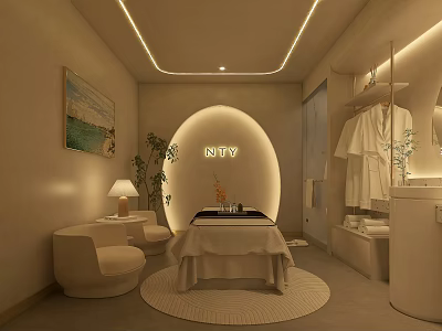 SPA Sauna Interior Design With Massage Table Hanging Robes Comfortable Seating And Soft Lighting 3d model