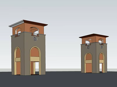 Two Tower Entrance Gate With Brown Roof Gray Main Body Arched Doorways Windows And Clock 3d model
