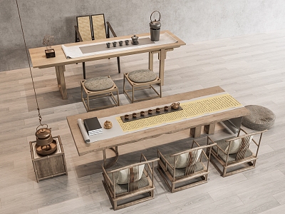 New Chinese Style Tea Table and Chair Tea Table and Chair Tea House Tea Room Tea Table Tea Set Tea Pot Single Chair Taishi Chair Tatami Tea Table and Chair 3d model