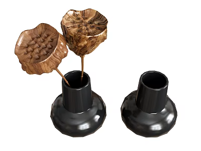Two Piece Modern Tea Set With Black Ceramic Bases And Wooden Lotus Decorations 3d model