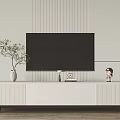 Modern White TV Stand With TV Vase Plant And Decor On Striped Wall