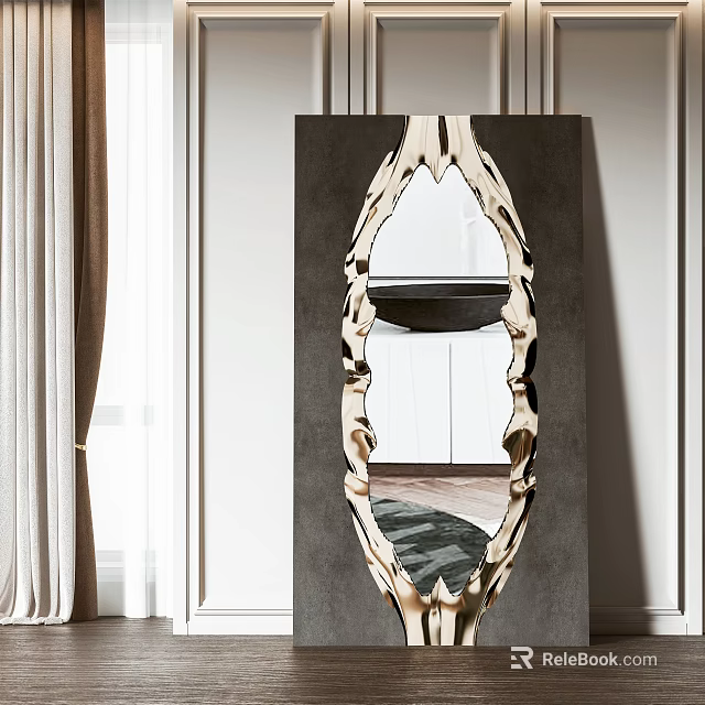 Modern Unique Design Mirror With Intricate Metal Frame Against White Wall 3d model 