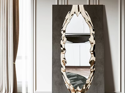 Modern Unique Design Mirror With Intricate Metal Frame Against White Wall 3d model