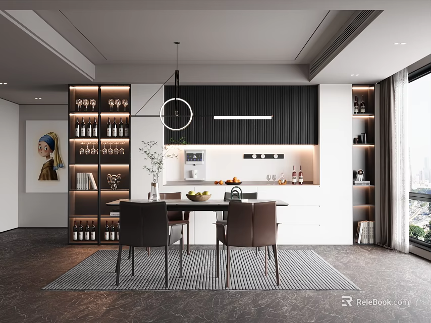 Modern Open Restaurant Interior With Dining Table Chairs Wine Racks And Pendant Lights 3d model