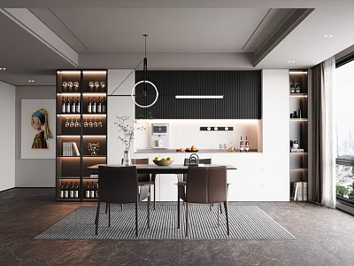 Modern Open Restaurant Interior With Dining Table Chairs Wine Racks And Pendant Lights 3d model