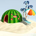 Fun Beach Scene With Watermelon Shaped Hut Palm Trees And Colorful Umbrella Deck Chair