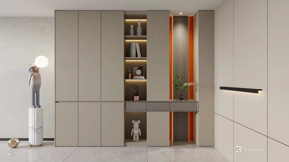 Modern Interior Decorative Cabinet With Layered Design And Decorative Items Plant 3d model 