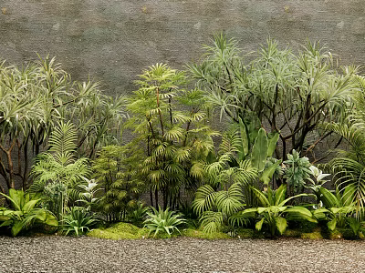 Various Green Plants And Flowers In Small Garden With Grey Wall And Stone Path 3d model