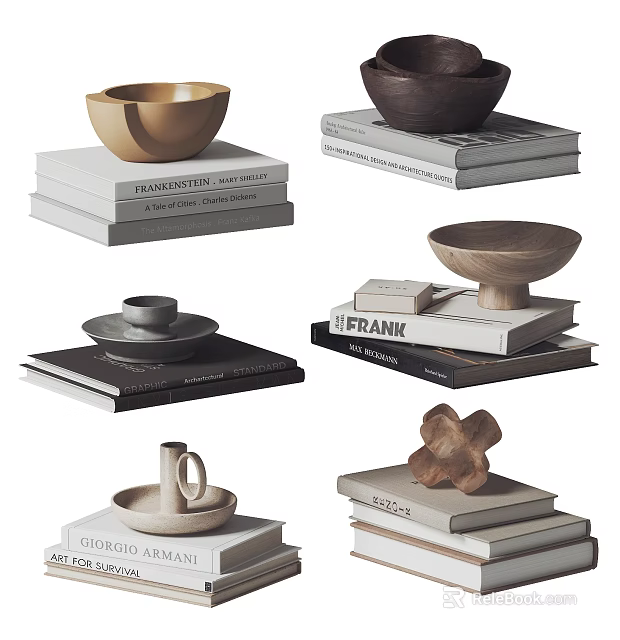 Decorative Ornament Set with Wooden Ceramic Metallic Pieces on Stacked Books 3d model 