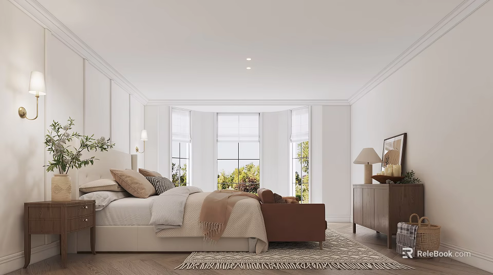 Modern Bedroom Interior With Arched Windows Bed Pillows Blanket Bench Rug And Decorative Painting 3d model 
