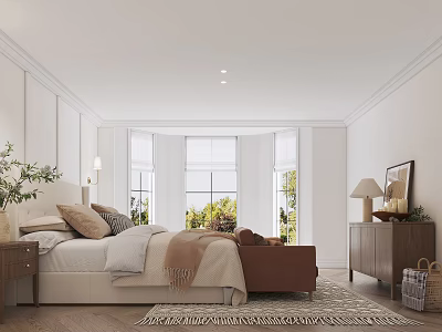 Modern Bedroom Interior With Arched Windows Bed Pillows Blanket Bench Rug And Decorative Painting 3d model
