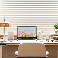 Modern Desk And Office Chair Setup With Laptop Tulips Lamp Stationery Blinds On Wood Floor