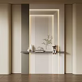 Modern Entryway Hallway Interior Design With Striped Wall Panel Lighting Console Shelf And Decorative Plant