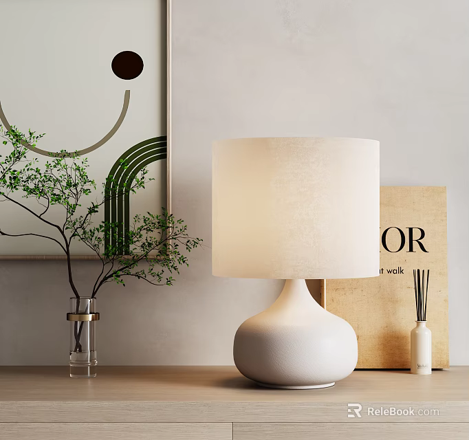 White Ceramic Table Lamp With Linen Shade On Wooden Desk Top With Green Plant Decor 3d model 
