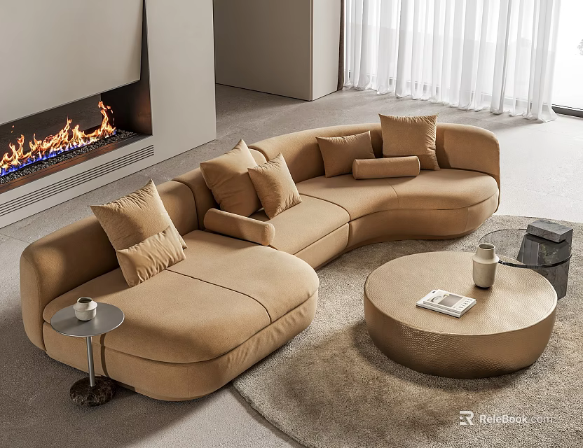 Beige Curved Sectional Sofa With Pillows Round Coffee Table And Fireplace In Modern Living Room 3d model 