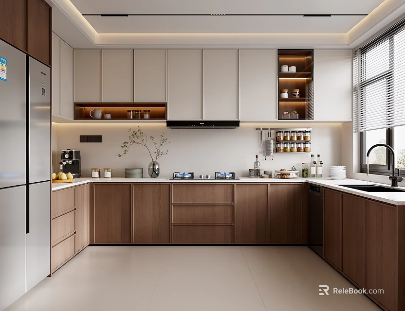 Modern Kitchen Interior With Brown White Cabinets Stainless Steel Refrigerator And Countertop Appliances 3d model 