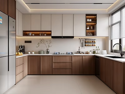 Modern Kitchen Interior With Brown White Cabinets Stainless Steel Refrigerator And Countertop Appliances 3d model