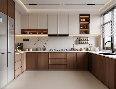 Modern Middle-style Kitchen Modern Kitchen U-shaped Kitchen Solid Wood Cabinet Refrigerator Gas Stove Range Hood Kitchen Ornaments Vase Plant Kitchen Fruit 3d model