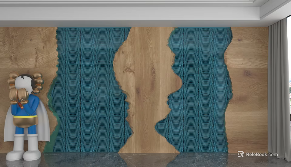 Modern Feature Wall With Blue Wavy Pattern And Wooden Accents In Contemporary Design 3d model 