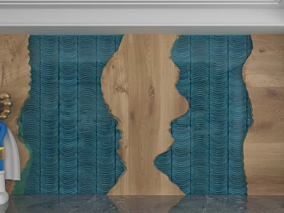 Modern Feature Wall With Blue Wavy Pattern And Wooden Accents In Contemporary Design 3d model