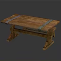 Rustic Wooden Table With Plank Top And Metal Straps On Thick Legs