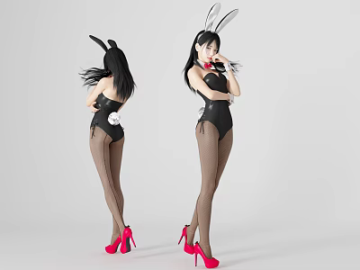Women Posing in Bunny Costumes with Black Bodysuit Stockings and Red High Heels 3d model