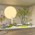 Garden Decorative Scene With Wicker Swing Chair Moon Decoration Small Tree Stones And Moss